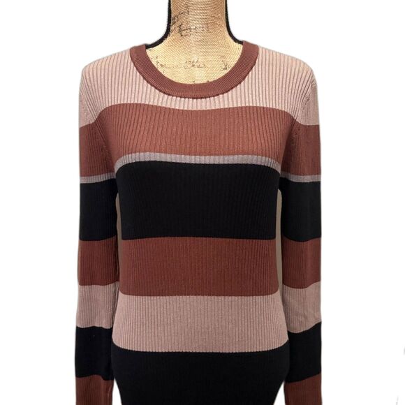 NWT Evereve Hallie Variegated Stripe Dress Brown Black Stripe Midi Size Small - Picture 3 of 8